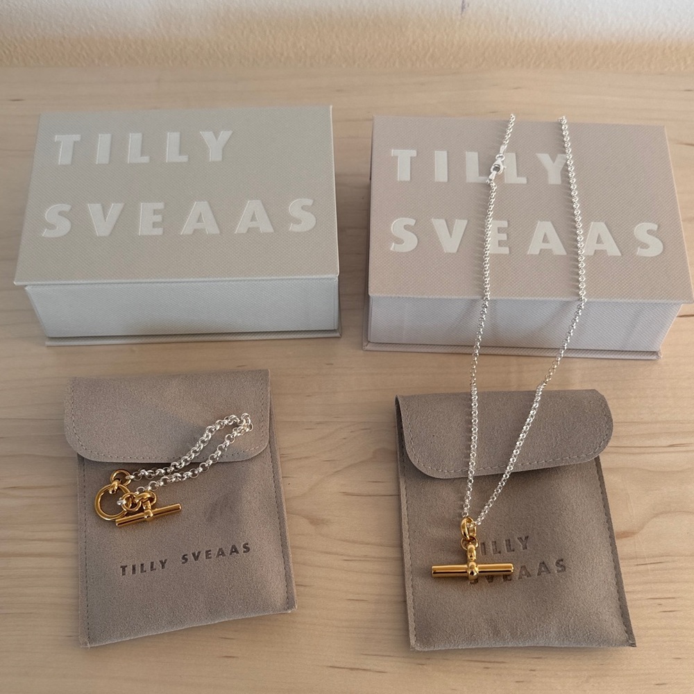 NIB Tilly Sveaas Mixed Metal Gold T-Bar Bracelet and Necklace Set